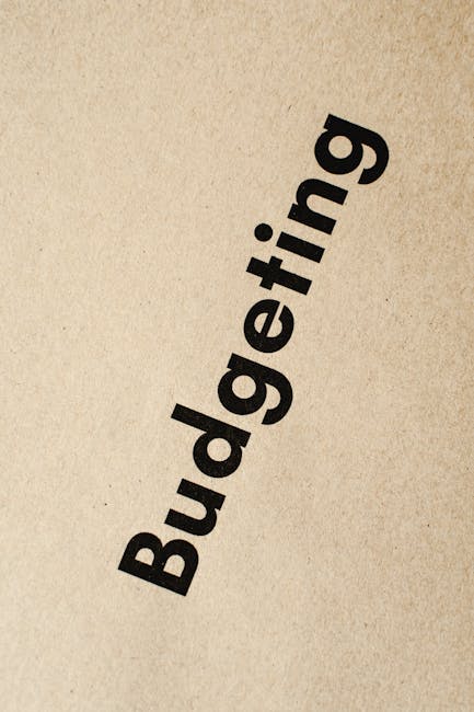 A close-up image of a plain, beige cardboard moving box with the word 'Budgeting' printed in large, black, bold letters diagonally across the surface. The box appears to be part of a home relocation o